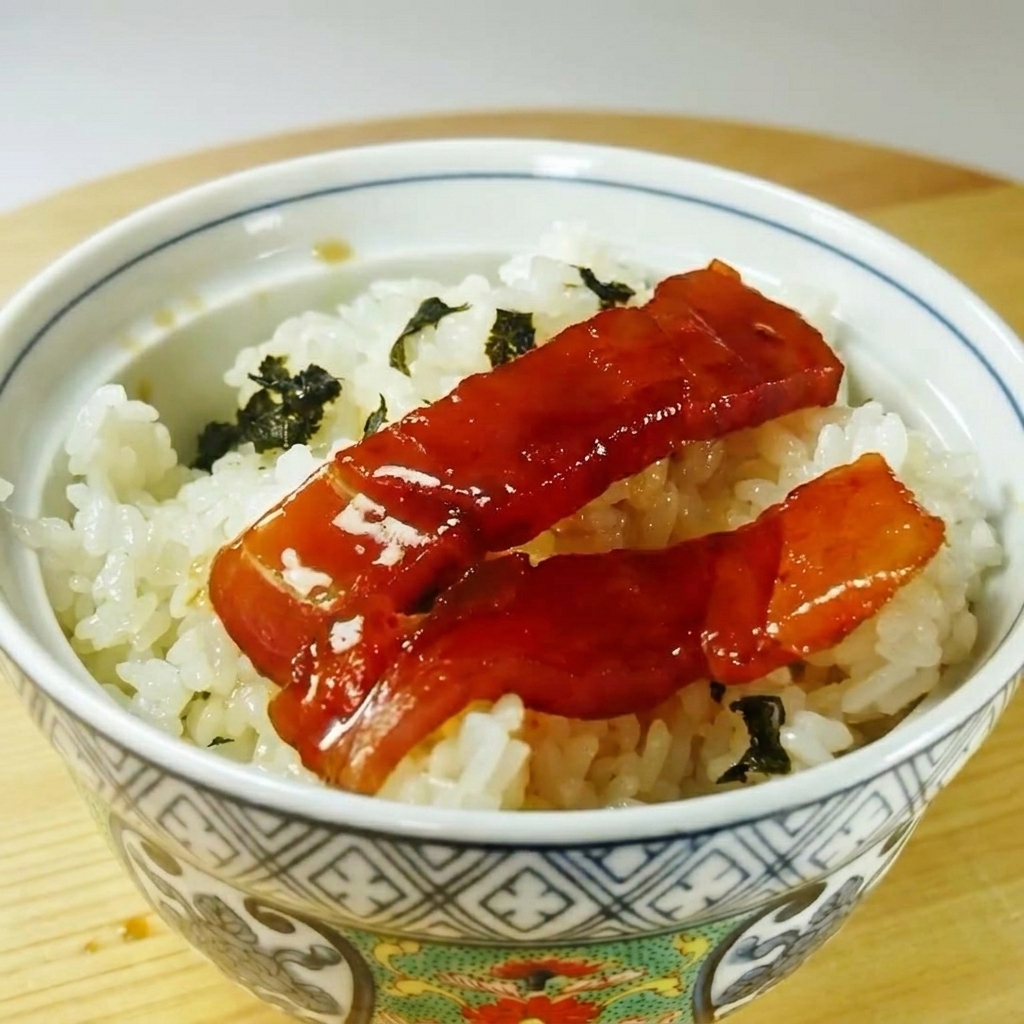 Des tranches de thon mariné rouge foncé et luisantes disposées soigneusement sur un lit de riz blanc parsemé dalgues émincées.