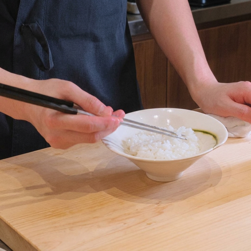 Des mains utilisant des baguettes pour étaler et aplatir délicatement du riz blanc cuit à la vapeur dans un bol en céramique blanc.