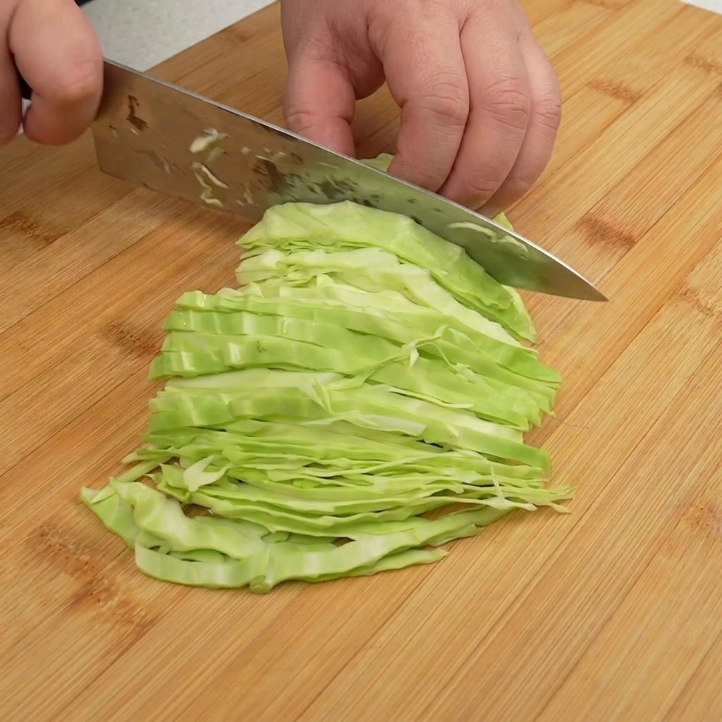 Lanières de chou vert fraîchement émincées sur une planche à découper.