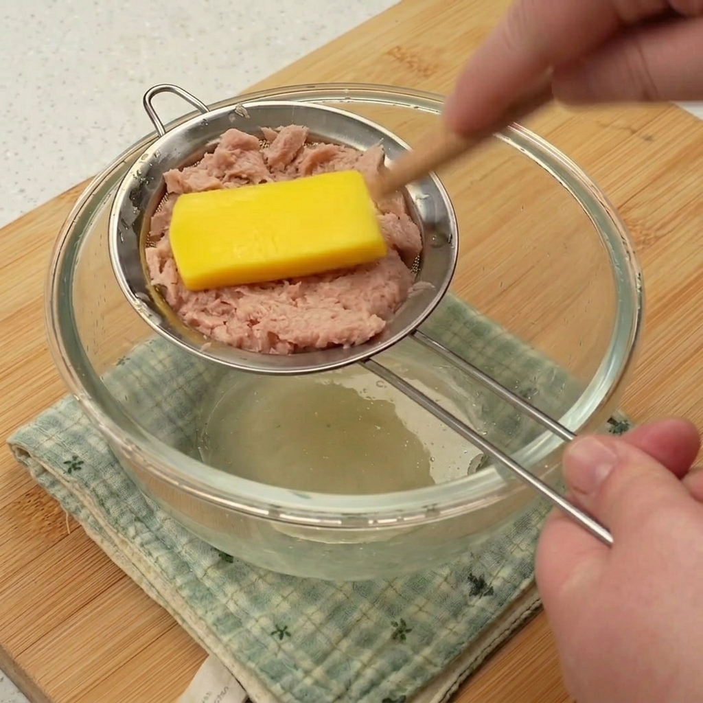 Morceaux de thon en boîte dans une passoire, pressés par une spatule pour en extraire lexcès dhuile.