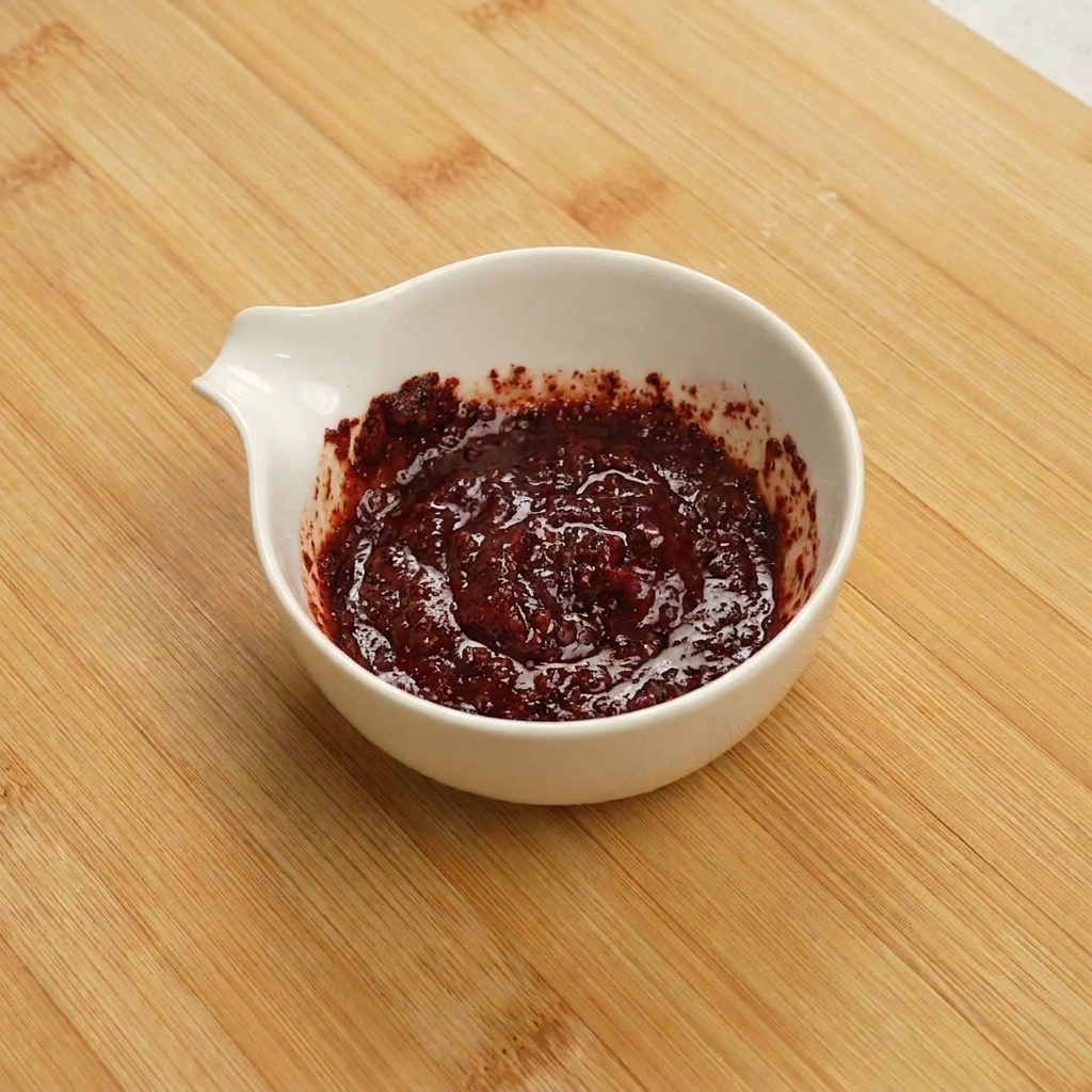 Mélange de sauce rouge riche dans un bol blanc, combiné avec une petite spatule jaune.