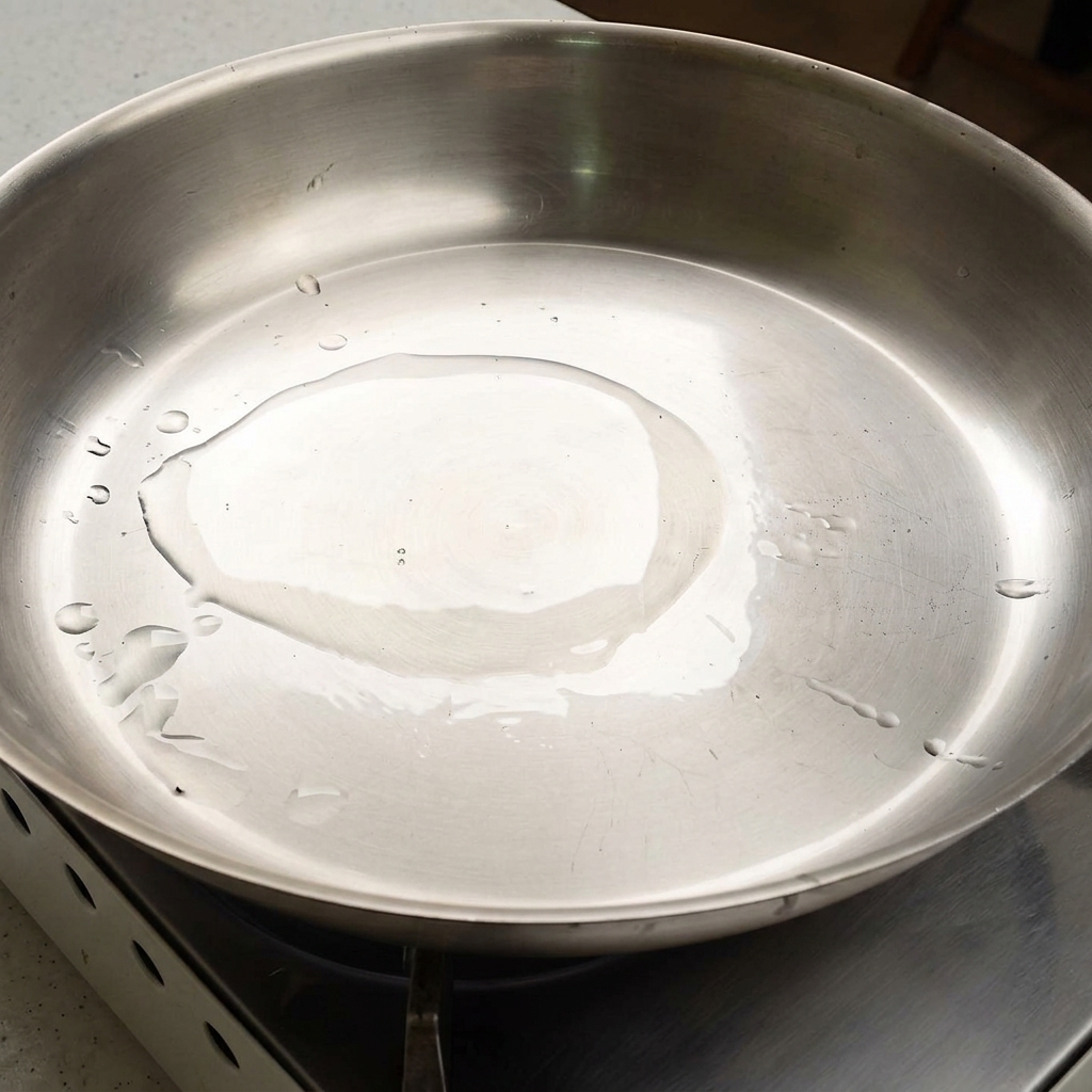 Une fine couche dhuile de cuisson scintillante dans une poêle en inox chauffée.