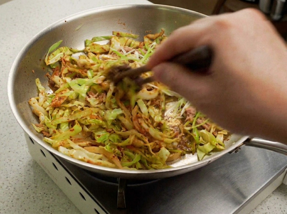 Mélange de chou et de sauce remué dans une poêle avec un peu deau ajoutée.