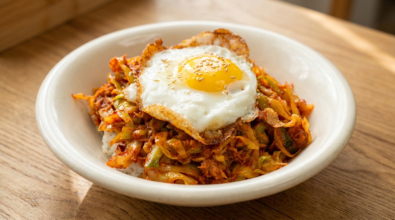 Un bol de riz blanc chaud surmonté dun sauté épicé de chou, de thon savoureux et dun œuf au plat.