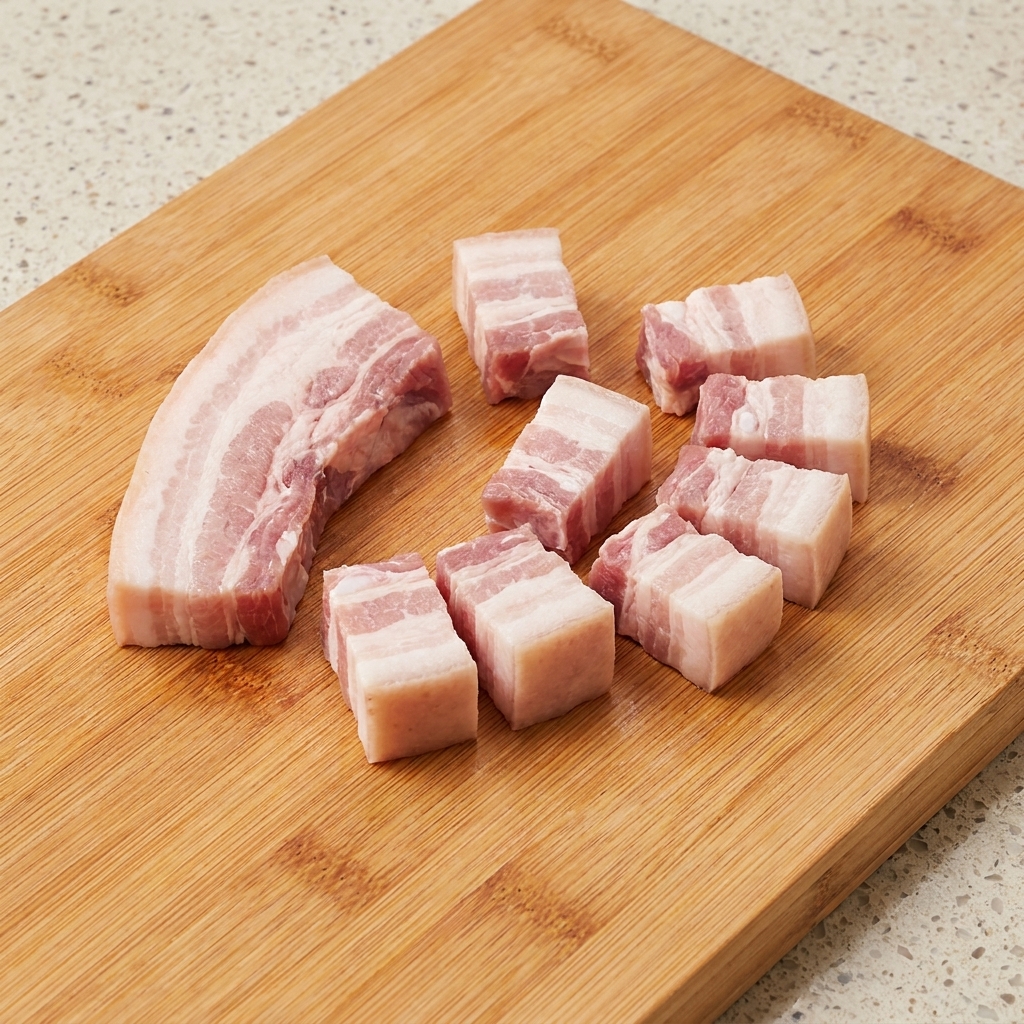 Poitrine de porc blanchie coupée en cubes de taille bouchée disposés sur une planche à découper en bois.