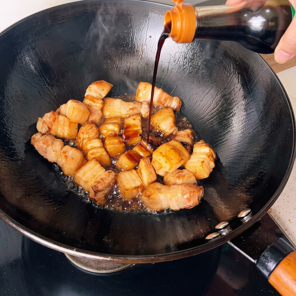Sauce soja foncée versée dune bouteille sur des cubes de porc dorés dans un wok.