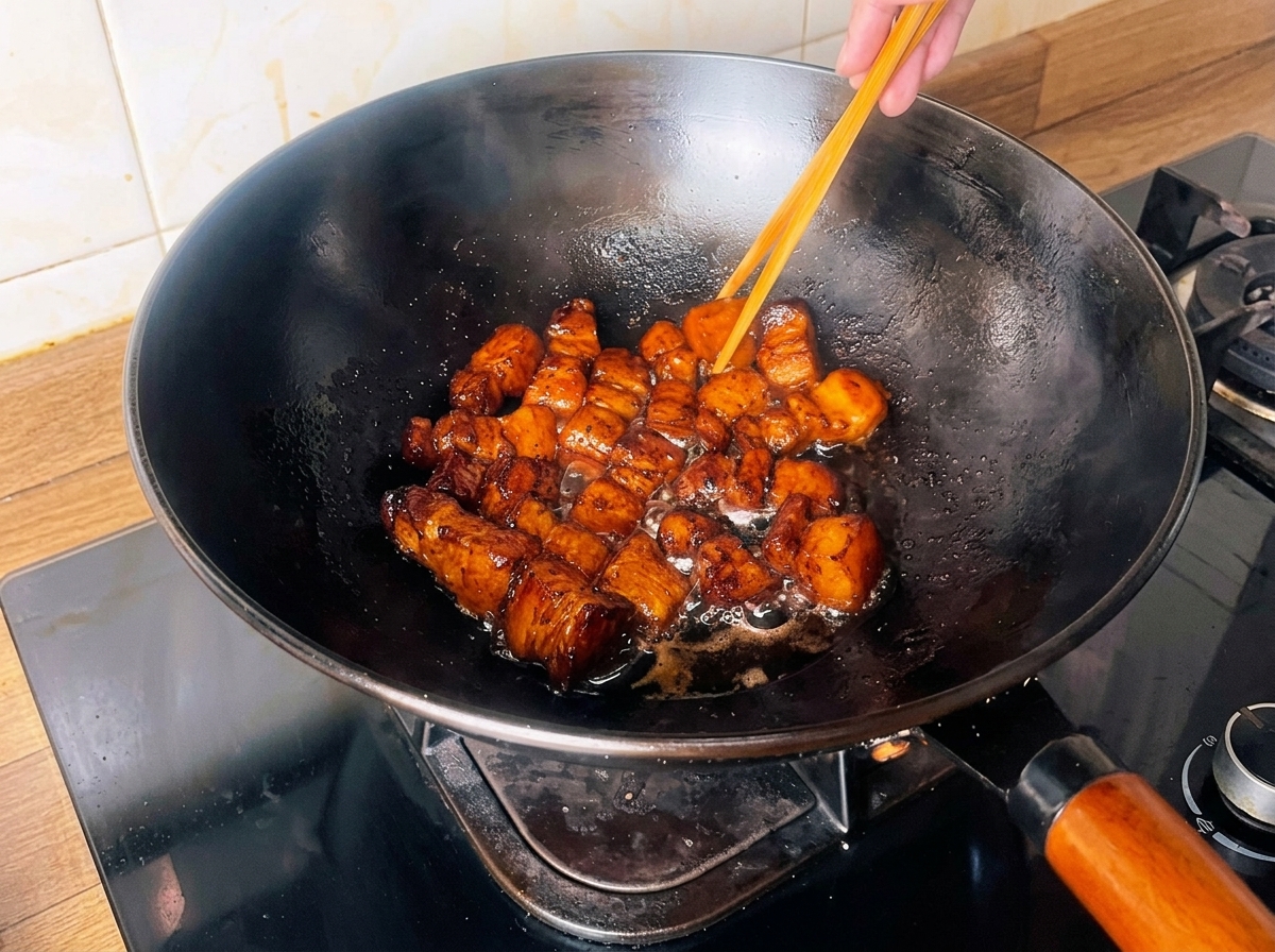 Cubes de poitrine de porc dorés mijotant dans un wok avec une sauce soja et thé réduite, remués avec des baguettes.