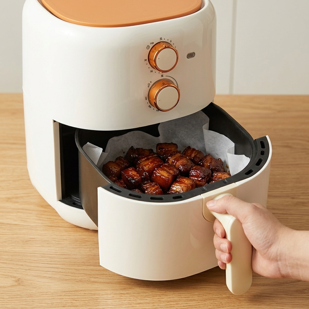 Une main fermant le tiroir dune friteuse à air blanche contenant des cubes de porc braisés sombres reposant sur du papier sulfurisé.