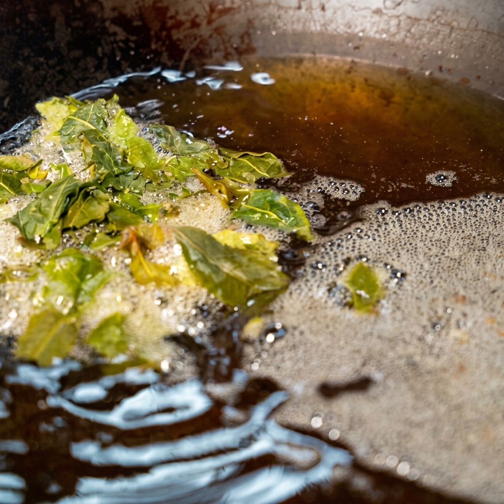 Feuilles de thé vert bouillonnant et frisant dans un wok rempli dhuile chaude.
