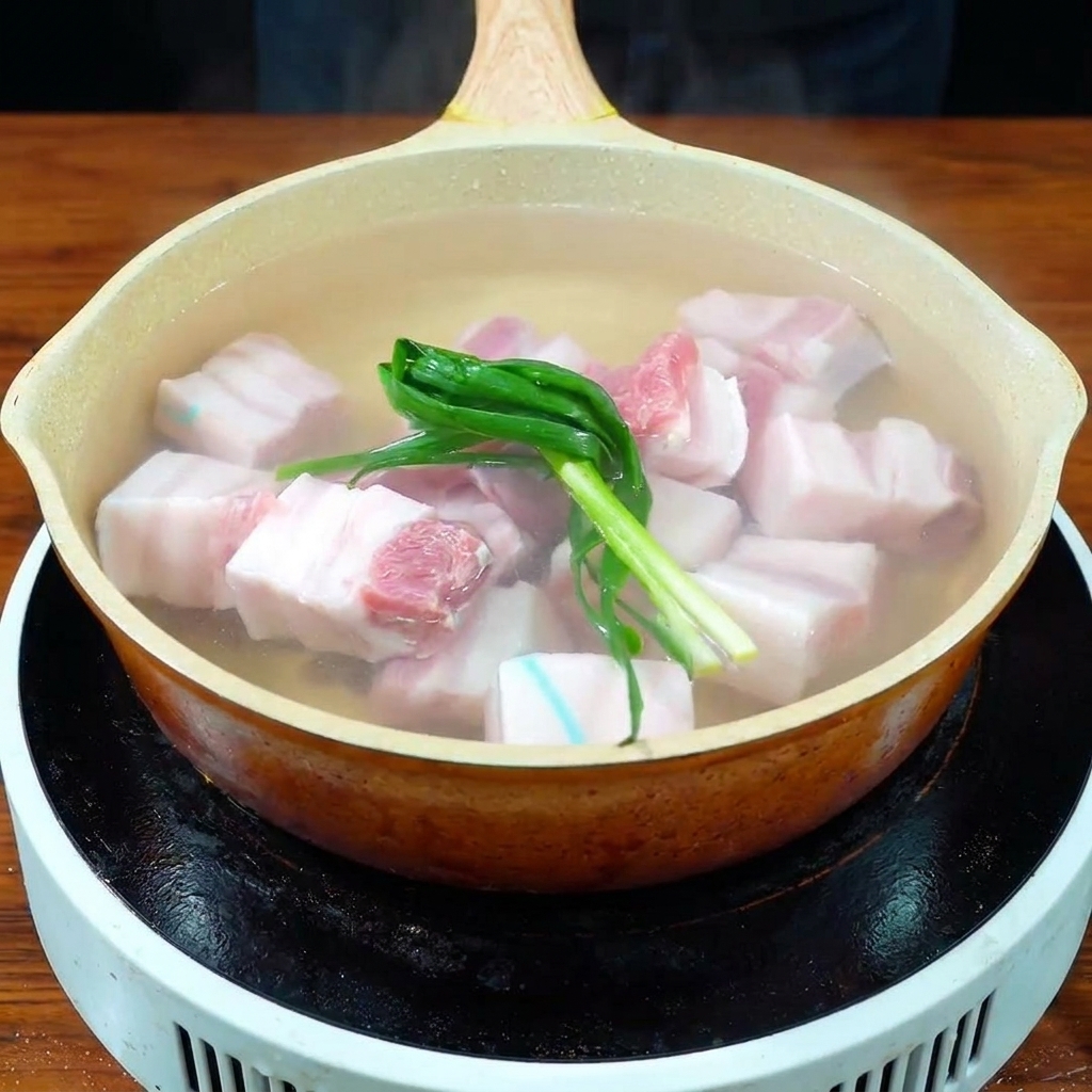 Cubes de poitrine de porc mijotant dans une casserole deau avec des oignons verts et du gingembre.