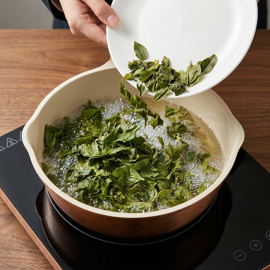 Ajout de feuilles de thé trempées depuis une assiette blanche dans une poêle dhuile chaude bouillonnante.