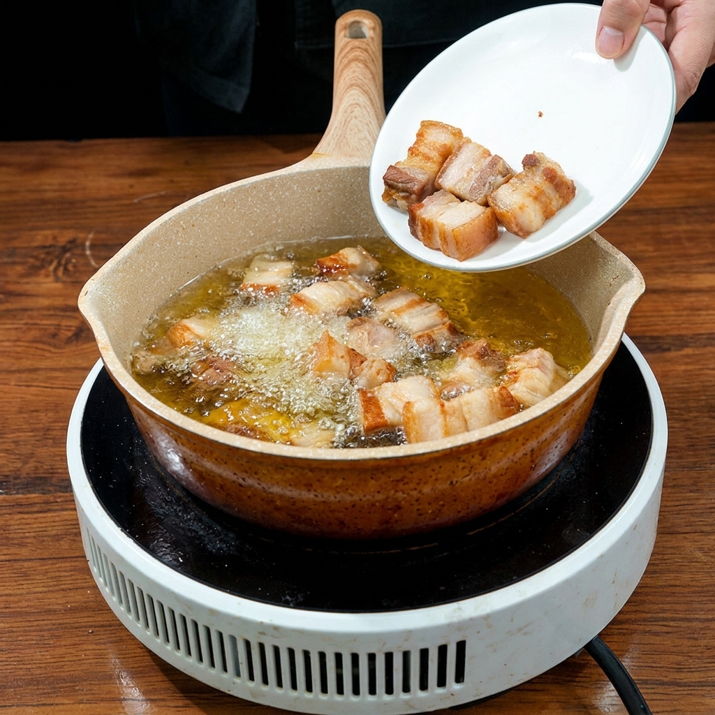 Une main versant des cubes de porc blanchis depuis une assiette blanche dans une poêle avec de lhuile de cuisson chaude.