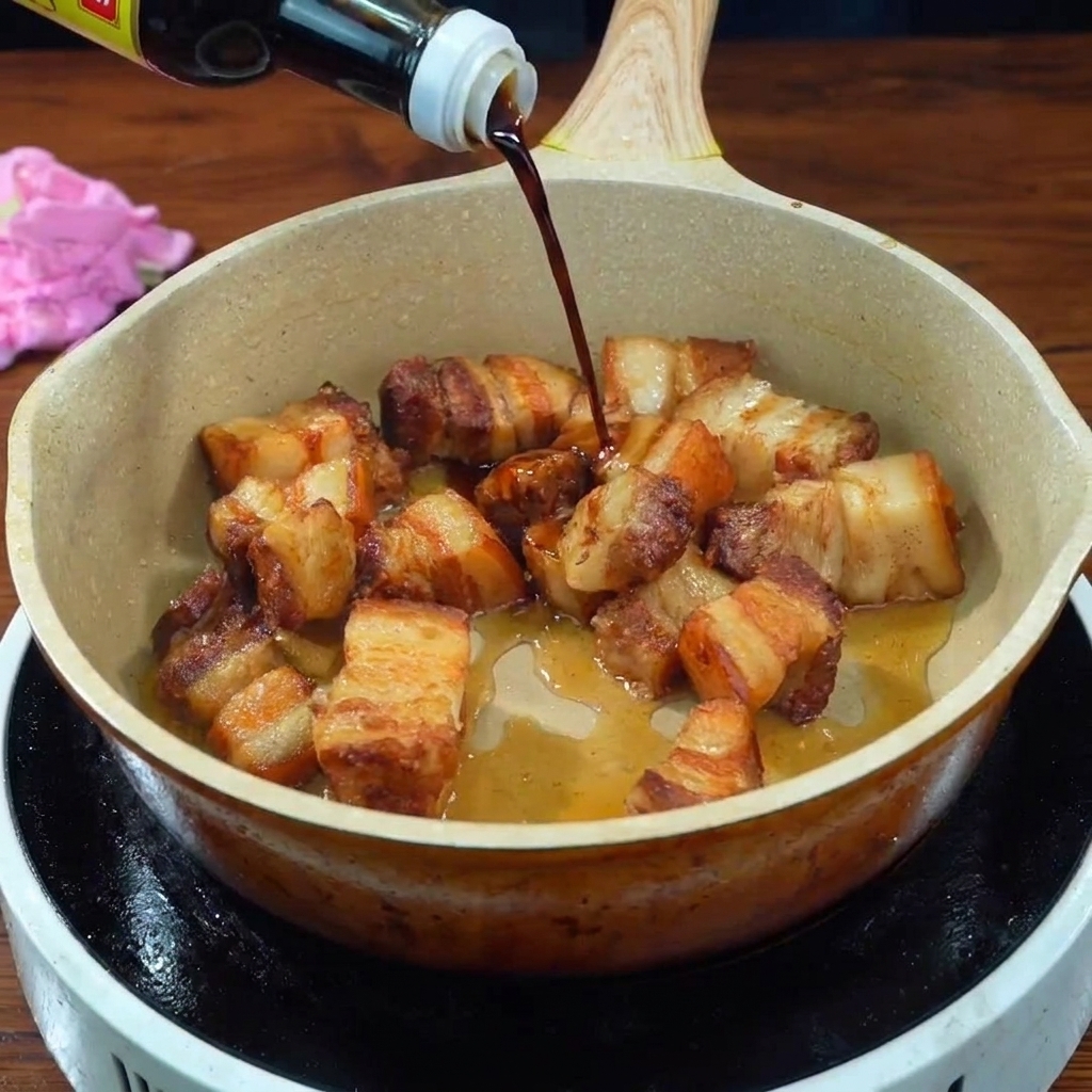 Verser de la sauce soja sombre depuis une bouteille dans une poêle de cubes de porc frits dorés.
