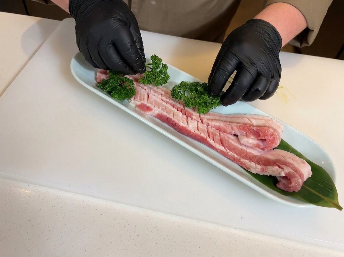 Mains gantées plaçant des brins de persil frais sur la poitrine de porc crue et incisée située sur un plateau blanc tapissé de feuilles de bambou.