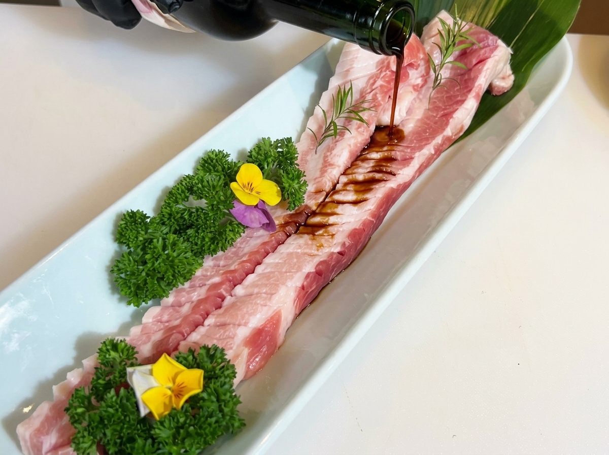 Vin rouge versé depuis une bouteille en verre vert foncé sur une poitrine de porc incisée et joliment garnie, posée sur un plateau de service blanc.