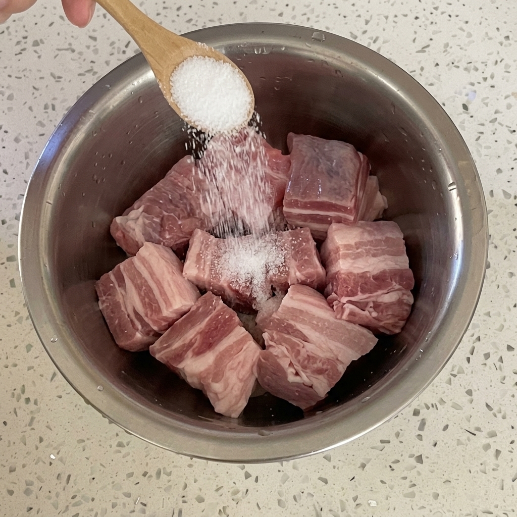 Une cuillère en bois saupoudrant du sel sur la viande crue dans un bol métallique.