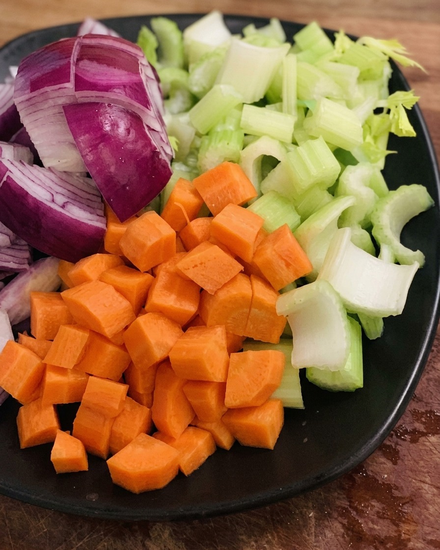 Carottes, céleri, poireaux et oignons rouges finement coupés en dés, disposés sur une assiette noire.