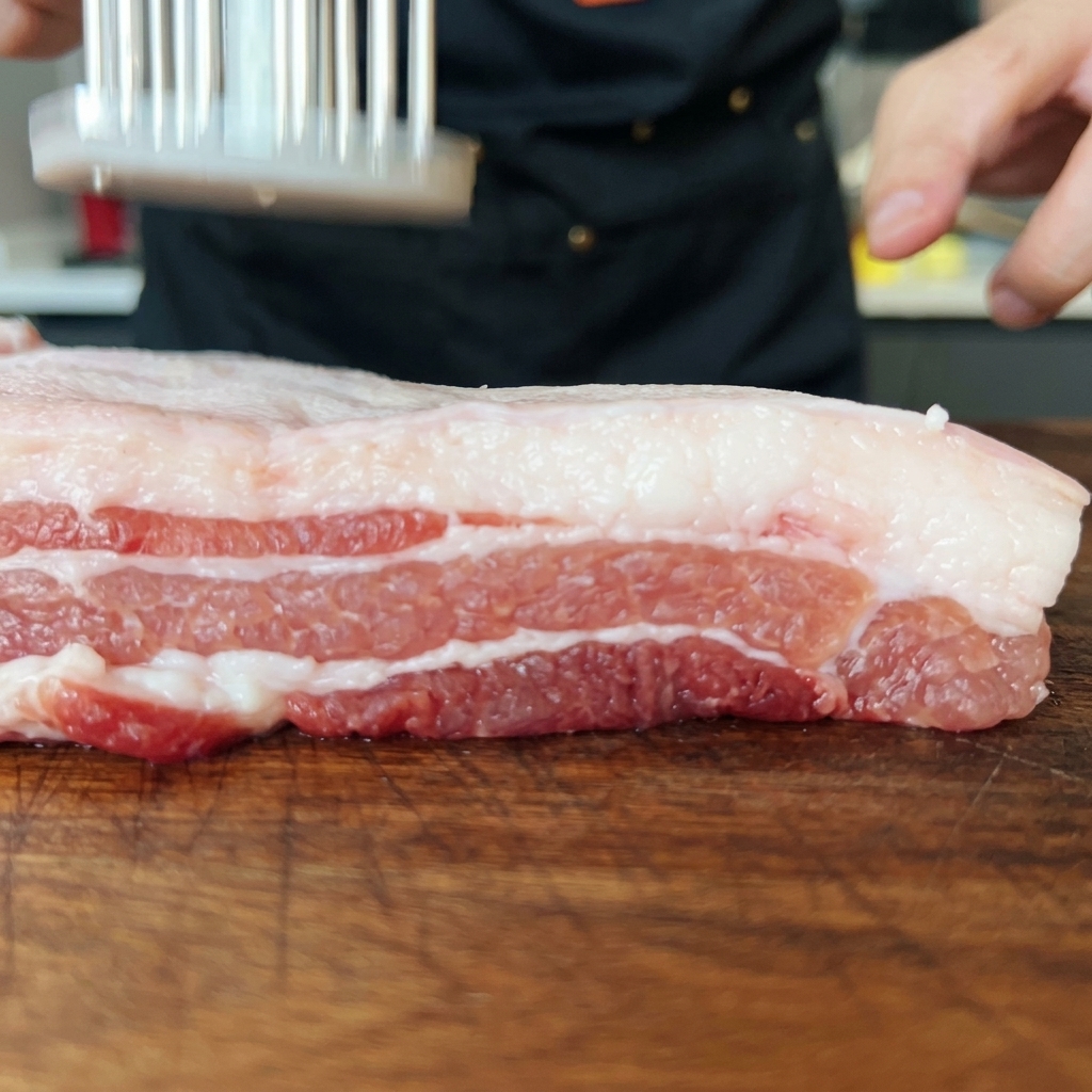 Gros plan sur la peau de porc crue en cours de quadrillage avec un outil à attendrir.
