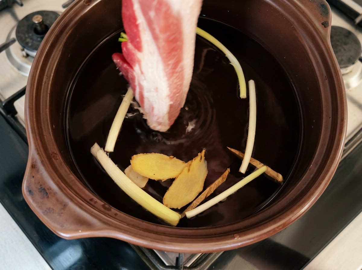 Poitrine de porc immergée dans une casserole de liquide sombre avec des aromates.