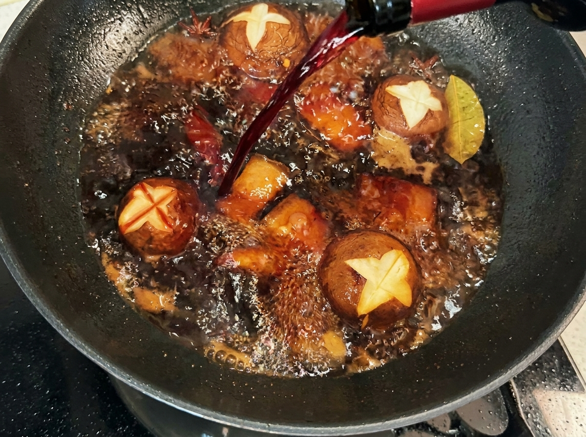 Vin rouge versé dans un wok contenant le porc saisi, des champignons et des épices.