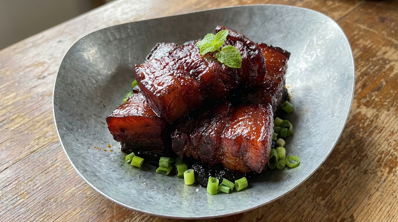 Poitrine de porc braisée au vin rouge