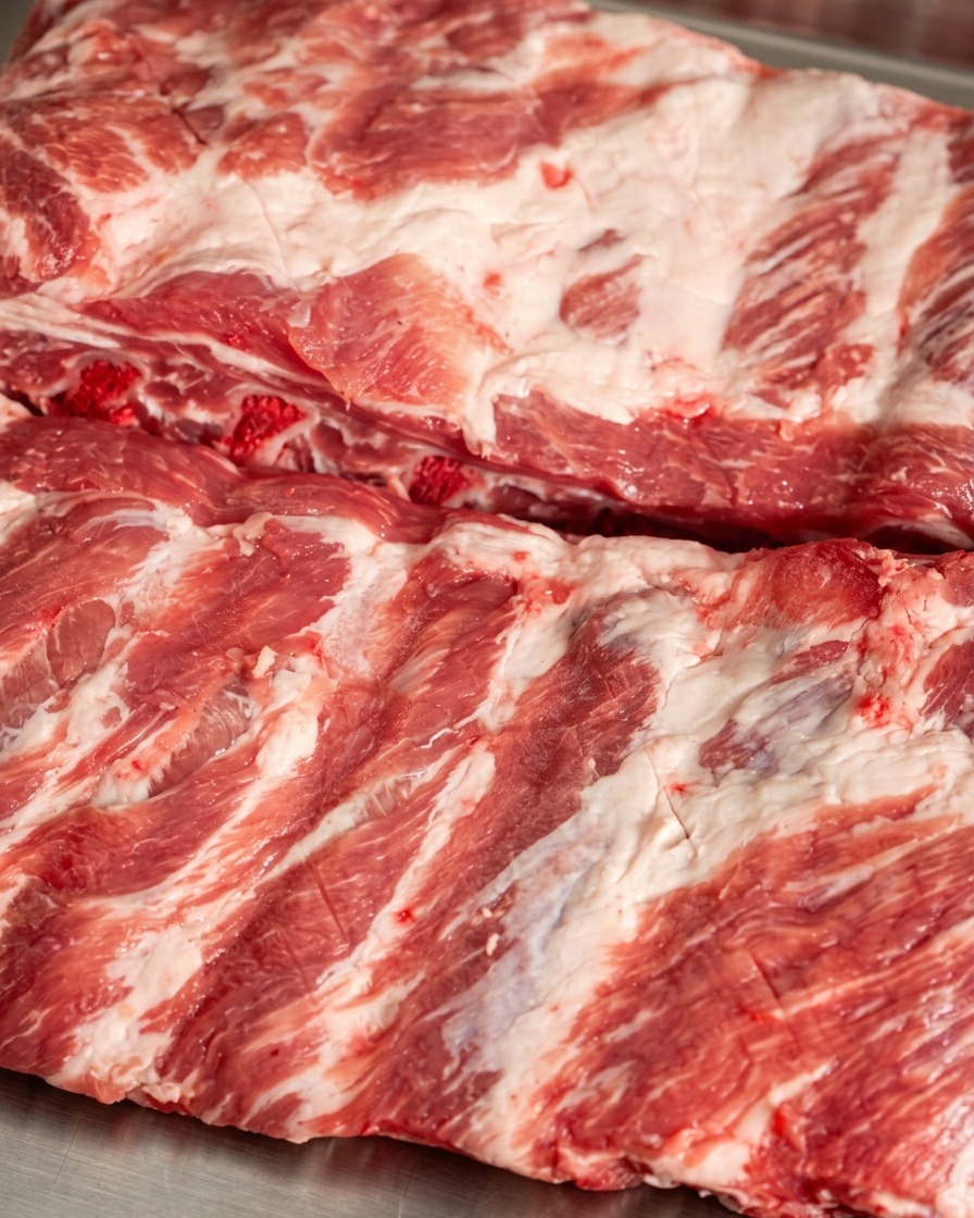 Du piment rouge et des épices sombres saupoudrés sur des travers de porc crus entaillés.
