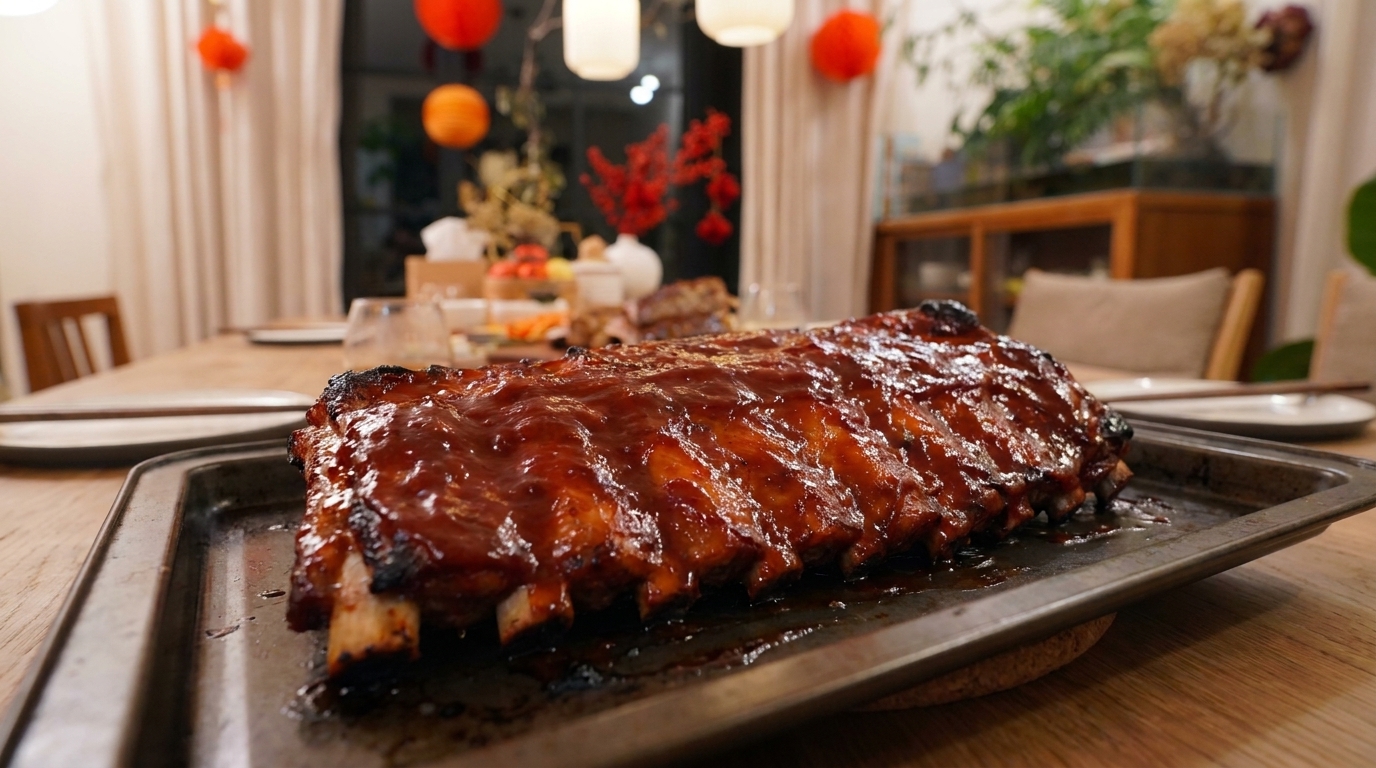 Travers de porc au four glacés au miel et au barbecue