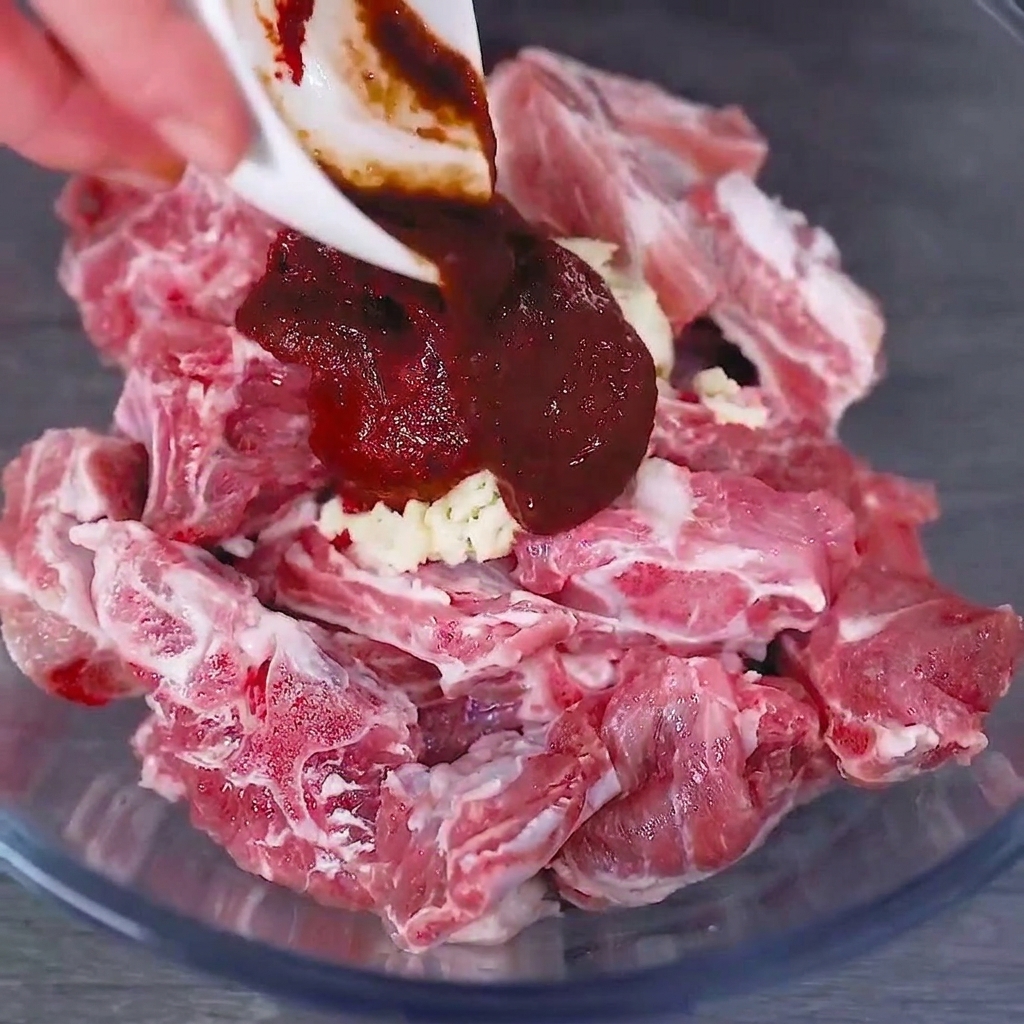 Un bol en verre contenant des travers de porc crus recouverts dune généreuse cuillerée de sauce chili rouge et dail haché.