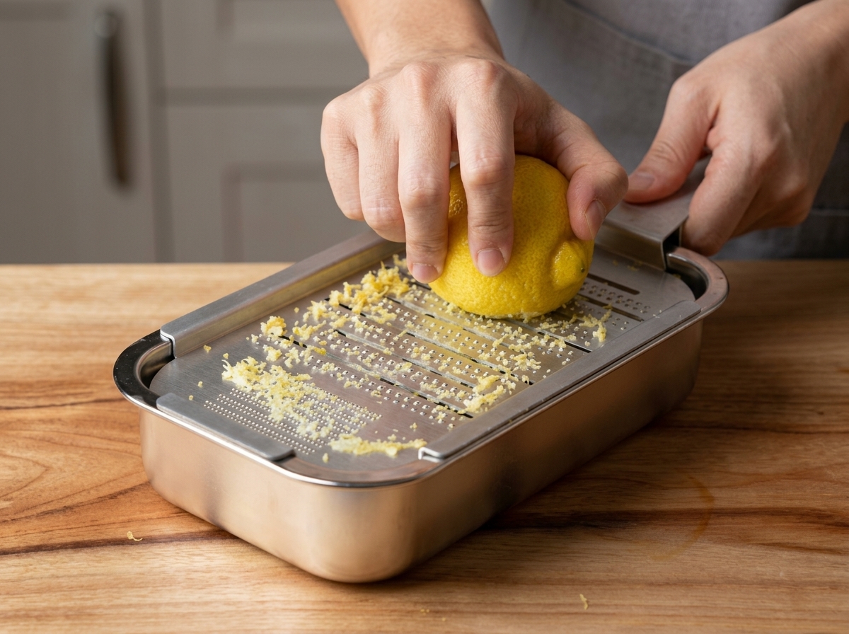 Zeste de citron fraîchement râpé sur une surface en acier inoxydable.