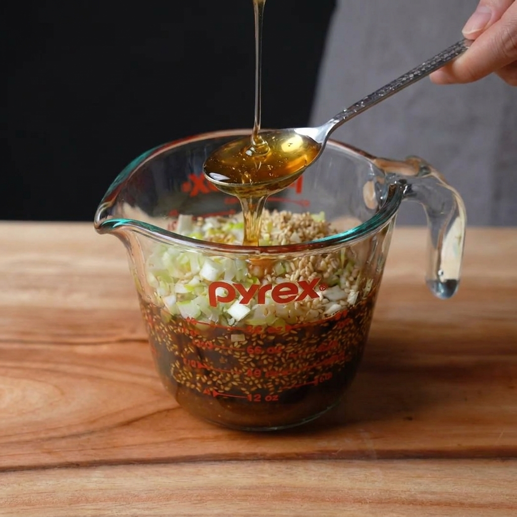 Sauce soja, oignons verts hachés et ail dans un verre doseur.
