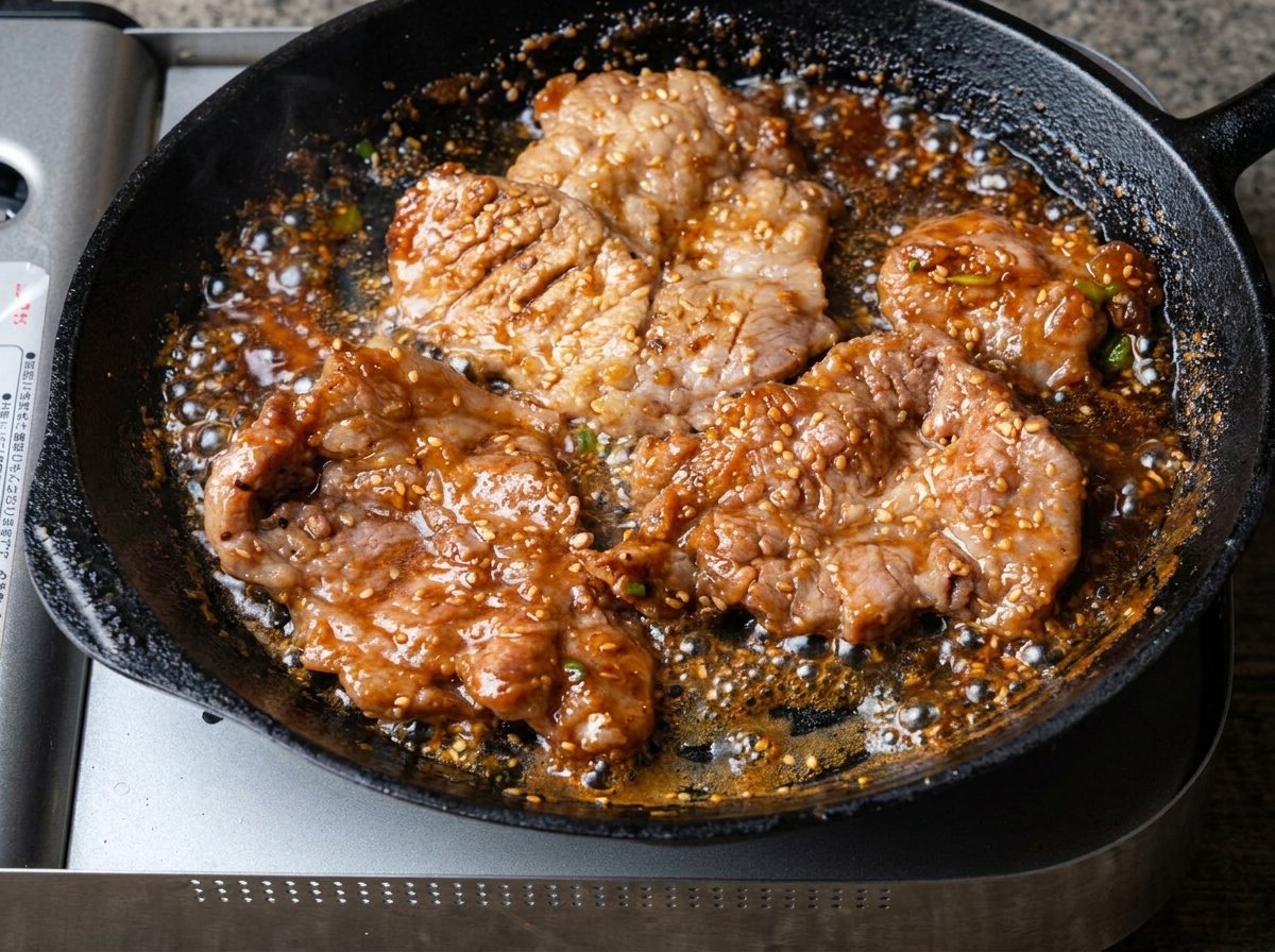 Morceaux de porc dans la poêle, découpés à laide de ciseaux de cuisine.