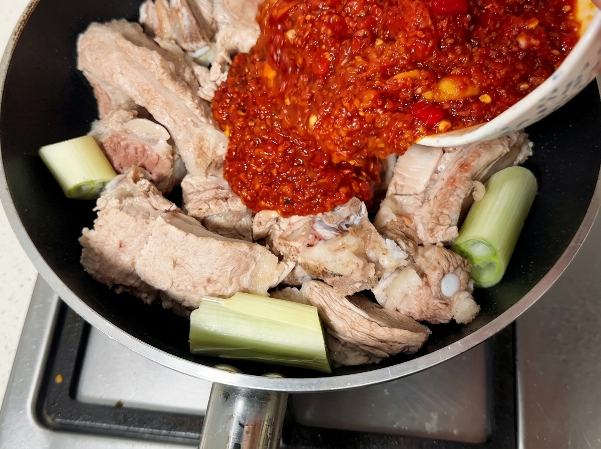 Épaisse pâte dassaisonnement rouge versée sur les travers de porc blanchis dans une sauteuse.