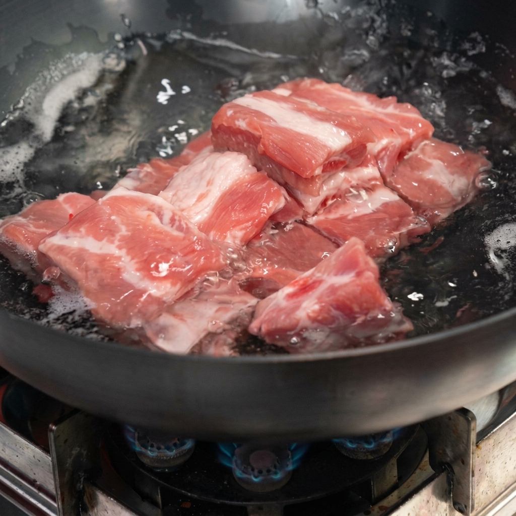 Travers de porc crus dans un wok deau bouillante commençant à écumer.