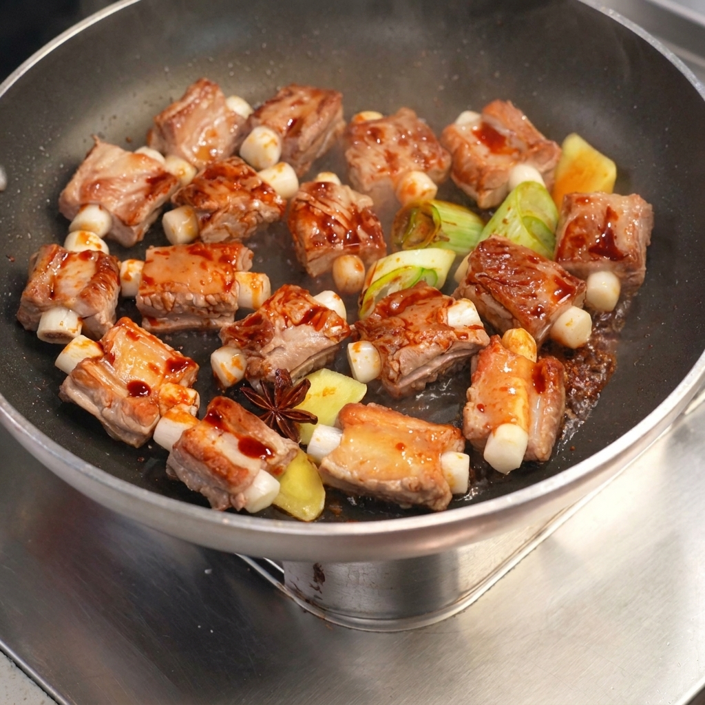 Ribs farcis mijotant dans une sauce sombre et riche au wok.