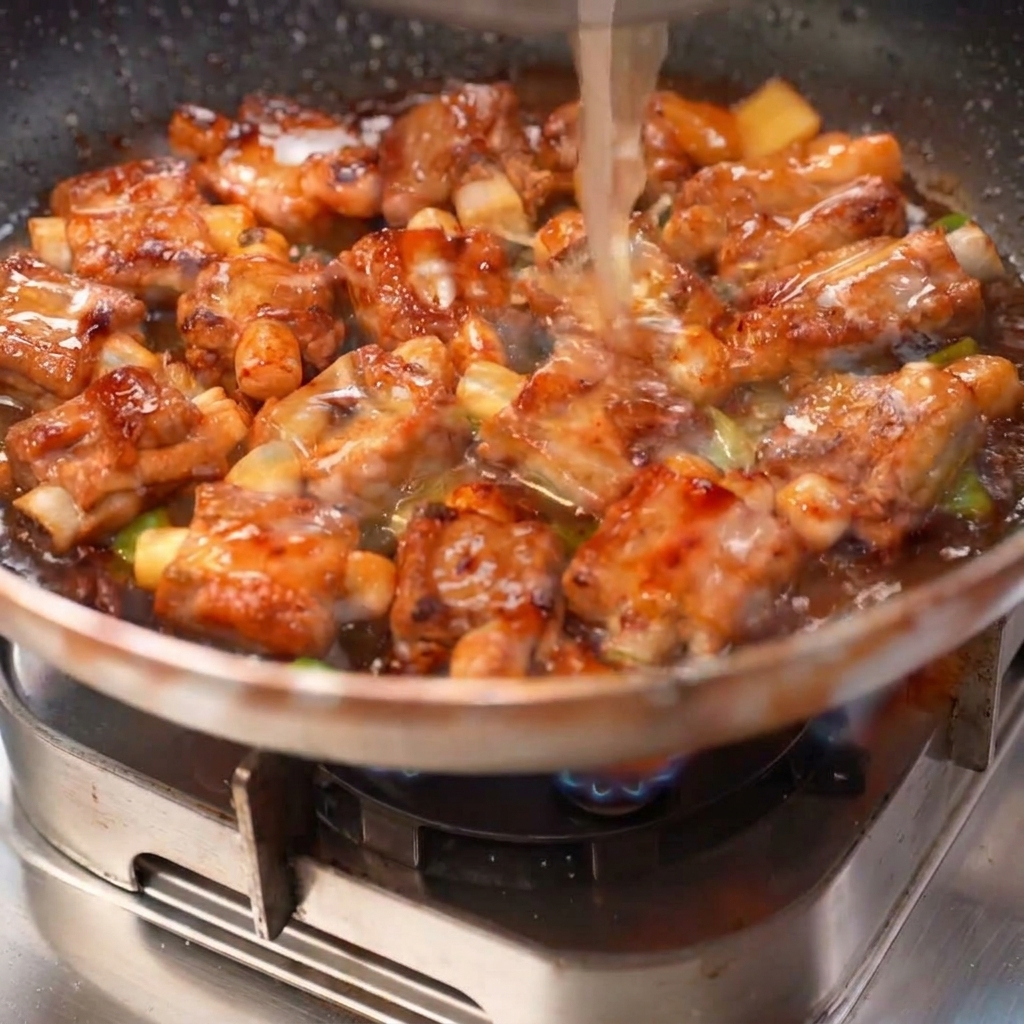 Bouillon de ribs versé sur les pièces dans le wok, réduisant en une laque brillante.