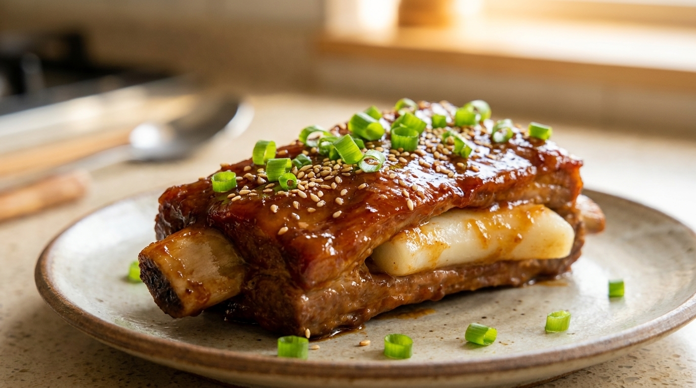 Un travers de porc braisé farci dun gâteau de riz, parsemé de cébettes fraîches et de graines de sésame grillées.