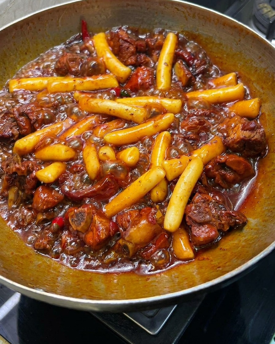 Sauter les travers de porc et les gâteaux de riz dans une sauce épaisse et brillante au wok.