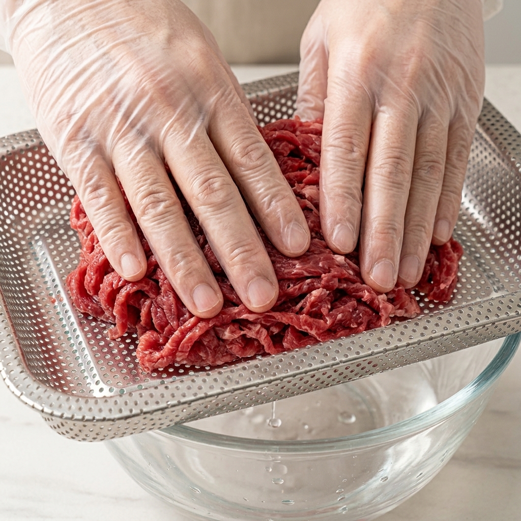 Deux mains pressant du bœuf cru tranché dans une passoire métallique rectangulaire pour extraire lexcès deau.