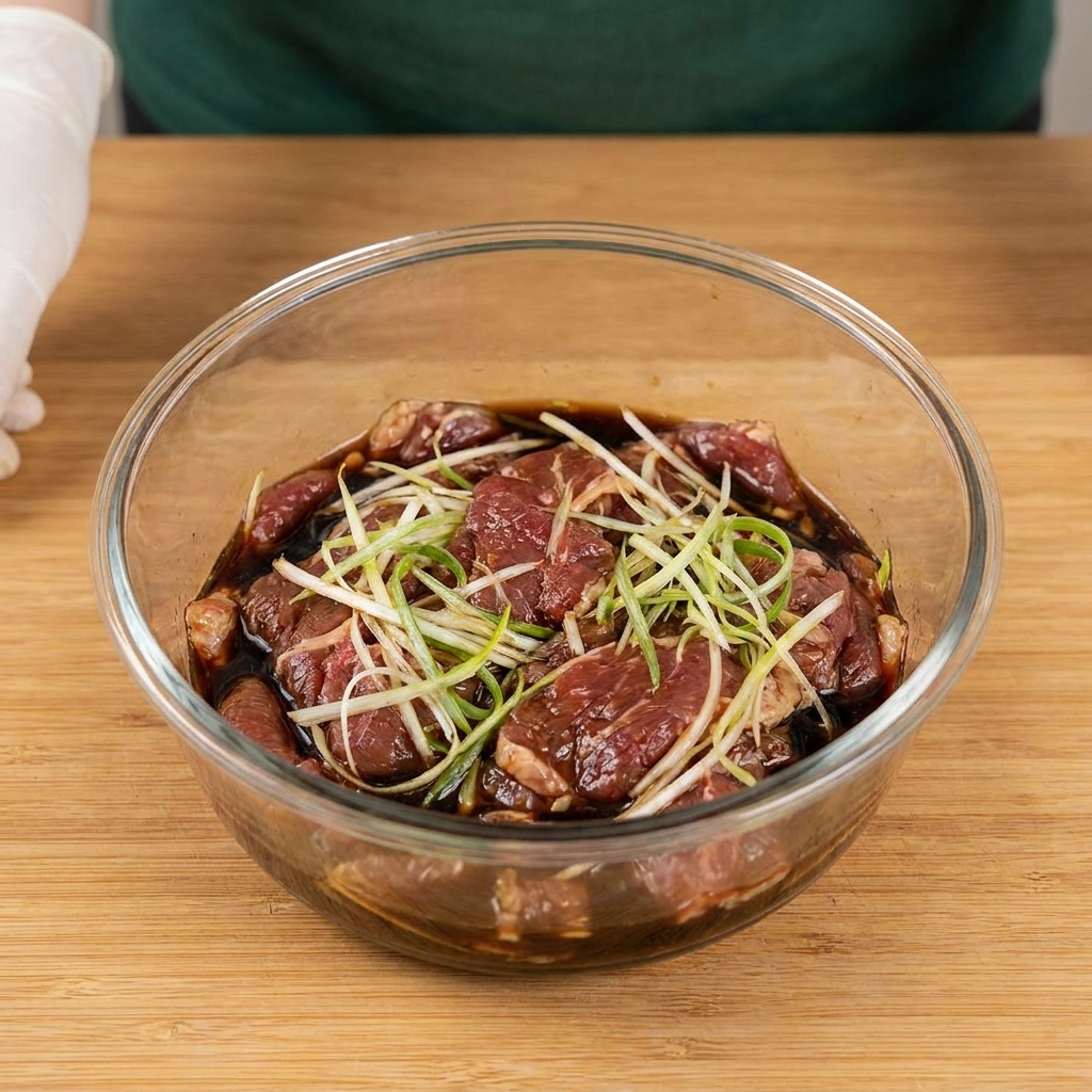 Bœuf mariné mélangé avec des tranches doignons et des assaisonnements dans un bol en verre.