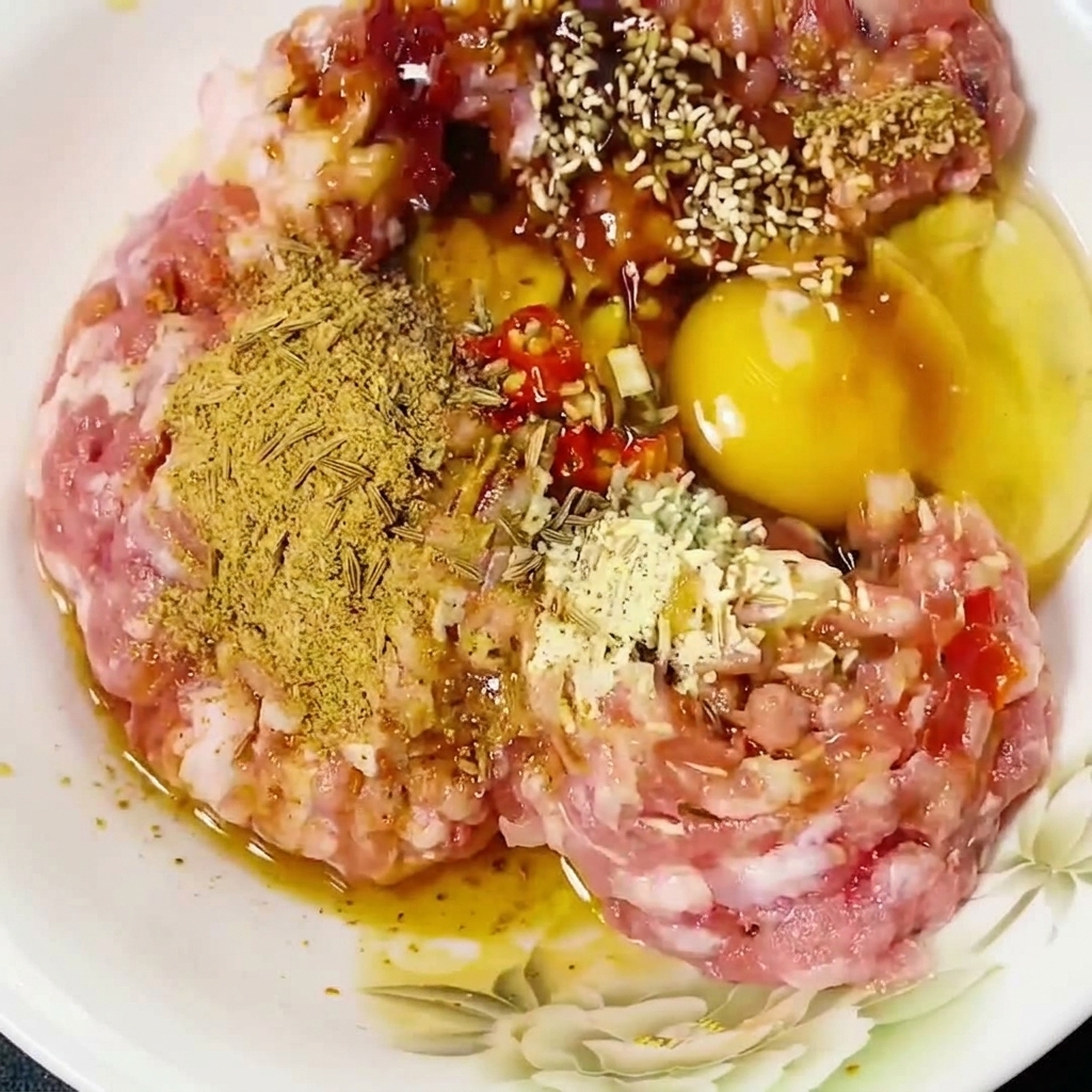 Porc haché mélangé avec des baguettes dans un bol.