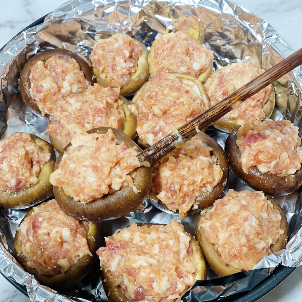 Chapeaux de champignons remplis avec le mélange de porc cru assaisonné.