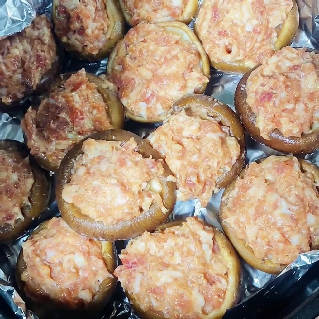 Gros plan sur les champignons farcis disposés dans un panier de friteuse à air.