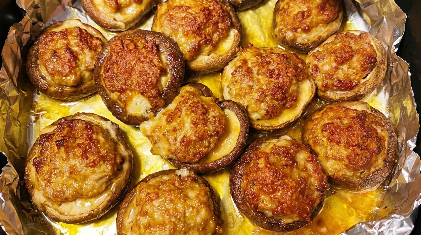 Champignons farcis dorés à la friteuse à air, cuits à la perfection.