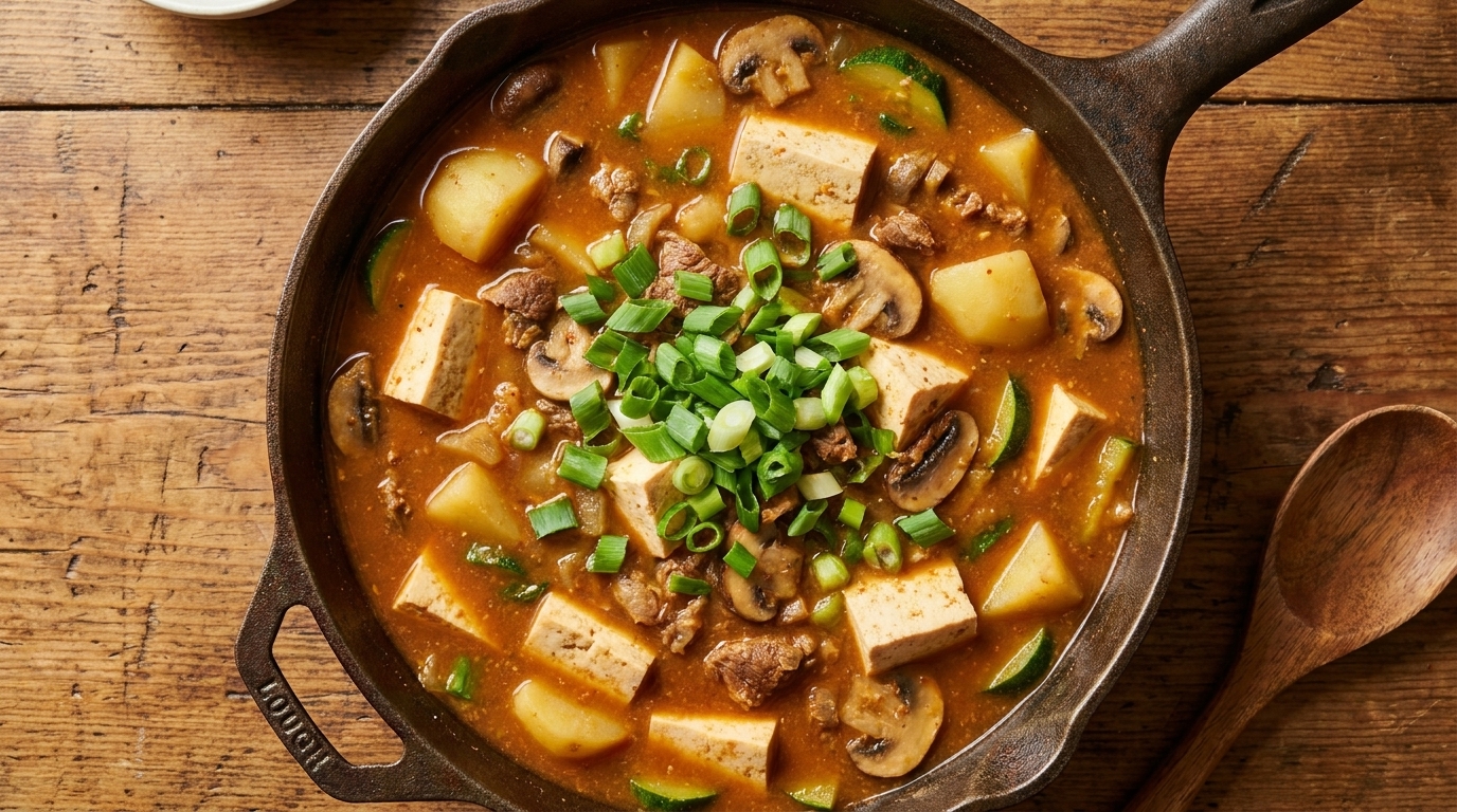 Eau versée dans la poêle avec le mélange de bœuf assaisonné.