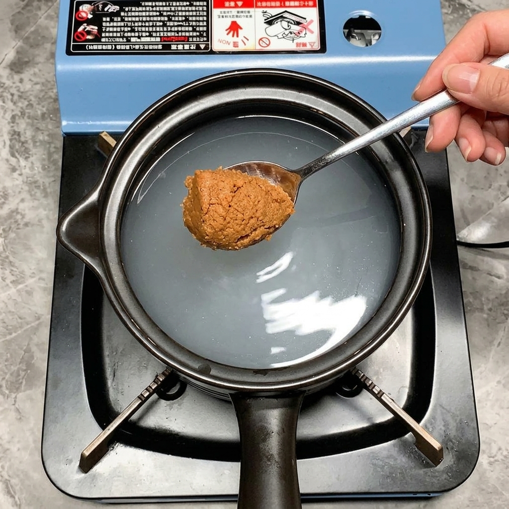 Une cuillère de pâte de soja brune tenue au-dessus dune marmite remplie deau de riz blanchâtre.