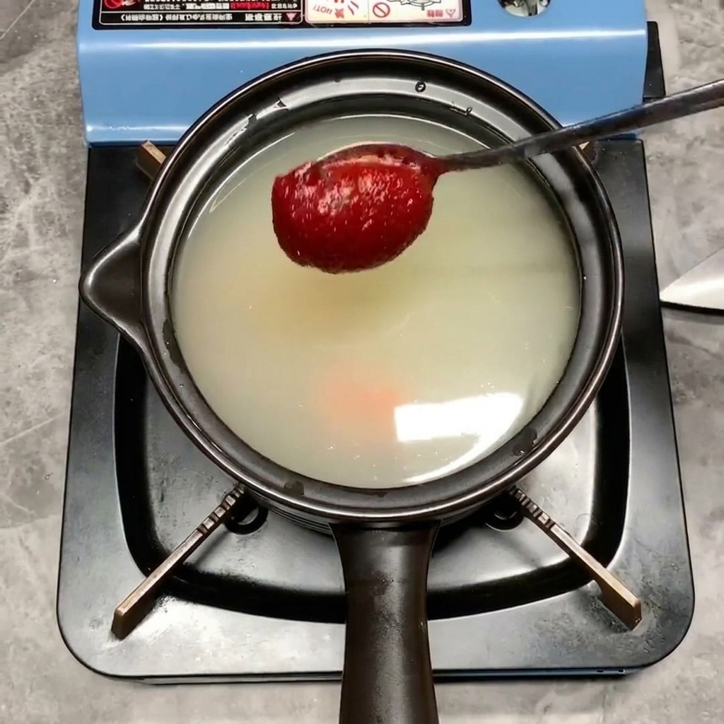 Une cuillère de pâte de piment rouge vif ajoutée au bouillon.
