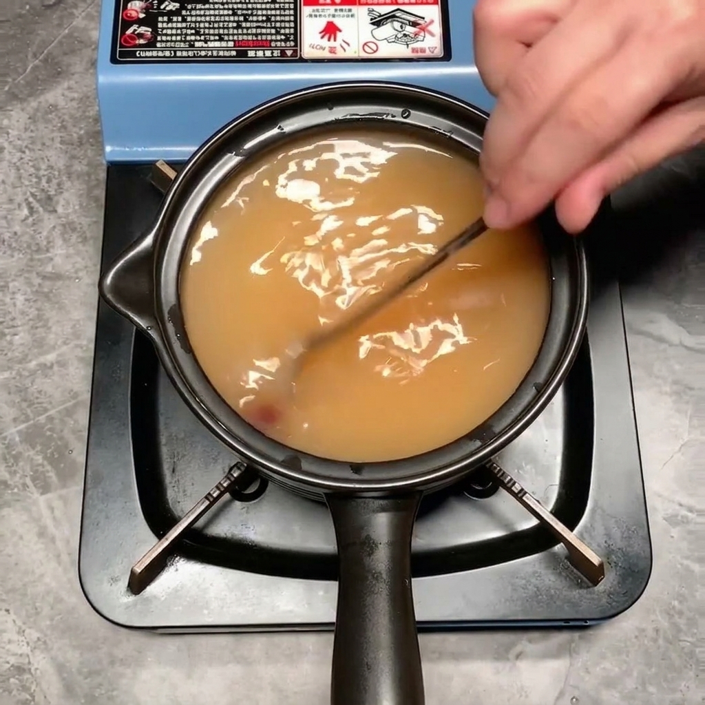Une cuillère en métal remue le bouillon, créant un liquide orangé lisse et homogène.