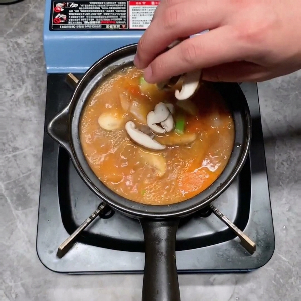 Des cubes de tofu blanc plongés délicatement dans le ragoût bouillonnant.
