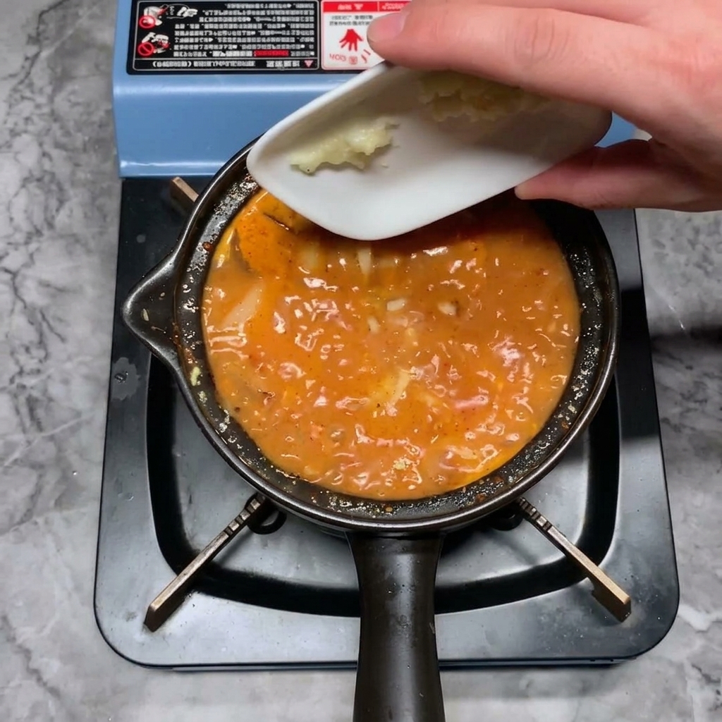 Une main ajoute de lail émincé depuis une petite coupelle blanche dans le ragoût chaud.
