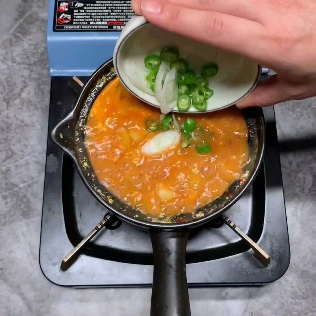 Des rondelles de cébette et de piments verts frais versées dans une marmite de ragoût frémissant.